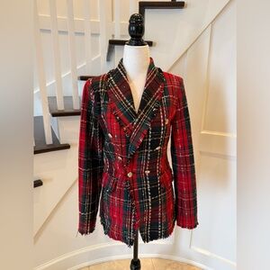 Red Plaid Tweed Blazer Preppy Chic